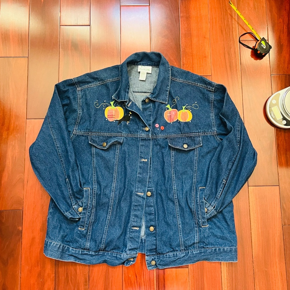 Vintage The Quacker Factory Women's Fall Halloween Embroidery Denim Jacket Sz 2X